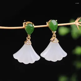 Dangle Earrings Silver Inlaid Natural Hetian White Jade Fan Chinese Style Retro Fresh FAIRY CHARM Christmas Halloween Jewellery Gift