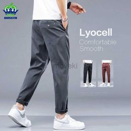 Men's Pants Brand Clothing New Summer Soft Lyocell Fabric Mens Casual Pants Thin Slim Elastic Waist Korea Jogger Ankle Length Trousers Male d240425