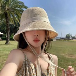 Wide Brim Hats Bucket Hats Korean Style Summer Womens All-Match Mesh Outdoor Travel Protection Sun Cute Sister Bucket Hat Tide J240425