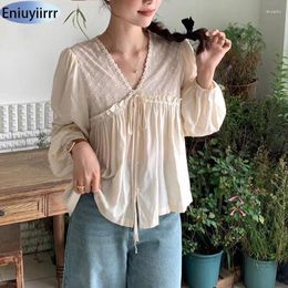 Women's Blouses Summer Korean Fashion Clothing Casual Women Tops Bow Hollow Out Button Up Sexy V Neck Embroider Lace Border Cotton