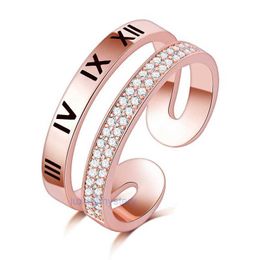 Luxo 18k Gold Rose Rose Roman Letter Ring Ring Diamond Zircon Micro Pave for Women Anniversary