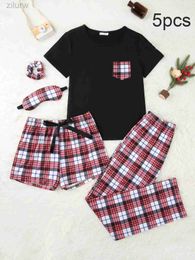 Sexy Pyjamas 5 Pcs Womens Pyjama Set Short Sleeves O Neck Top Plaid Shorts Full-Length Pants Female Sleepwear Nightwear Homwaer Cloth d240425