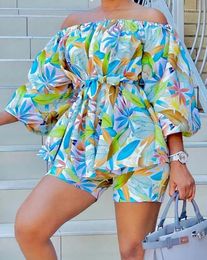 Women's Tracksuits European And American Casual Clothing 2024 Summer Leaf Print Off Shoulder Strap Top Shorts Set