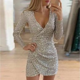 Casual Dresses 2024 Women Summer Dress Sexy V-neck Package Hip Irregular Sequins Long Sleeve Woman Clothing