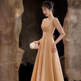 Party Dresses Fashion Champagne Bridesmaid Empire Girl Long Gown Elegant Temperament Women O-Neck Formal Wedding Guest Evening Dress