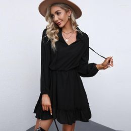 Casual Dresses European And American-Style Fashion Ruffles Pullover Long-Sleeve Thin Skirt