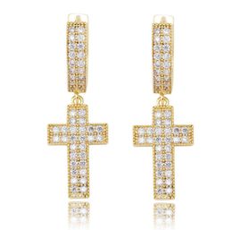 18K Gold Plated Iced Out Cross Earrings Charm CZ Stud Earring Mens Hip Hop Jewellery Gift3724917