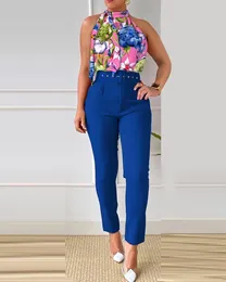 Women's Two Piece Pants Set Women Outfit 2024 Summer Floral Print Sleeveless Tie Neck Tank Top And Casual High Waist Pencil