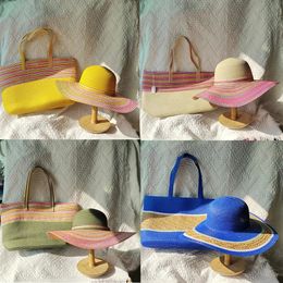 Hat and Bag Set Womens Striped Design Summer Straw Travel Fashionable Breathable Ladies Beach Sun Two 240423
