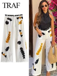 Capris TRAF Female Wide Leg Pants High Waist Cartoon Pattern Embroidery Decorate Pockets Button Woman's Chic Summer Casual Long Pants