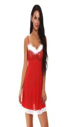 Women Christmas Holiday Red Mesh Babydoll Lingerie with White Fuzzy Trim over Bustline and Lace Hem Details 2pcs Set with Panty Se6028716