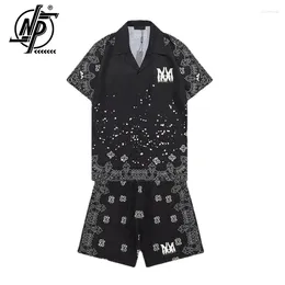 Men's Casual Shirts Summer Two Piece Set Shirt Shorts Cashew Letter Print Fashion Brands Unisex Short Sleeve Sports Suit 2024