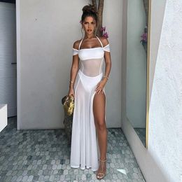 BUILDINGB Women 2024 Summer Style Halter Neck Mesh See Through Side Open Dress Elegant Party Beach Club Clothing Long 240417