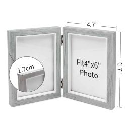 Frame Double Picture Frame 4X6in Rustic Grey Photo Frames Wooden Hinged Folding,Wedding Gifts,Mother's Father's Day Present
