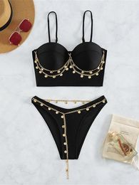 Women's Swimwear Metal Chain Bikini Push Up Swimsuit Female Women Two-pieces Set With Bra Cup Bather Bathing Suit Swim Lady K4378