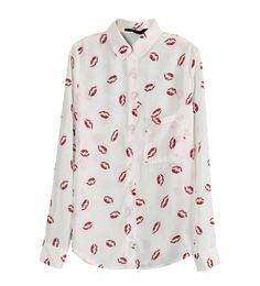Flower Printed Women White Turndown Collar Shirt Red Lip Print Blouse Long Sleeve M Women039s Blouses Shirts6876935