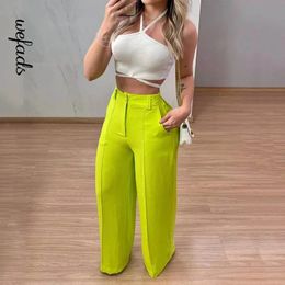 Wefads Women Two Piece Set Summer Sexy Solid Halter Sleeveless Backless High Waist Slim Top Loose Wide Legs Pants Set Streetwear 240424