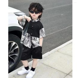 Clothing Sets Boys' Short Sleeve Shirt Shorts Two Piece Suits Summer Chinese Ink And Wash Print Spliced Handsome Standing Collar