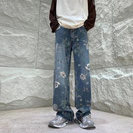 Mens Men's Jeans Fashion Printed 2024 Autumn Floral Denim Mopping Trousers Korean Style High Street Loose Hip Hop Wide-Leg Jean Pants 5