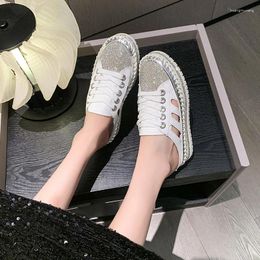 Casual Shoes Spring And Autumn 2024 Crystals Round Toe Leather Flats Women Silver Bling Loafers Platform Woman Flat With