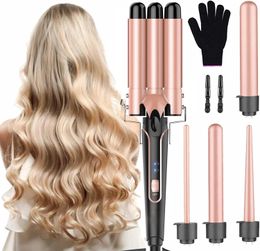 5-in-1 Curling Iron Set Wand with 3 Barrel Hair Crimper and Interchangeable 4 Irons Dual Voltage Wave 240423