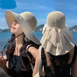 Wide Brim Hats Bucket Hats Womens hat summer bucket hat with Shl lightweight breathable mesh face and neck protection sun hat bow large Brim travel beach hat J240425