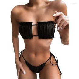 Women's Swimwear Women Sexy Bikini Pleated Bandeau Swimsuit Female Mini Thong Set Bather Swimming Beachwear For Bathin Suit