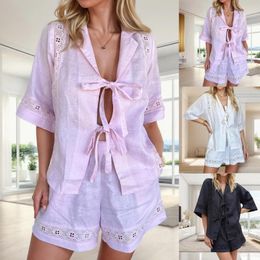 Women's Blouses Women 2 Piece Shirt Set Solid Color Cotton Linen Lace Up Short Sleeve Top And Shorts Elegant Ladies Casual Summer Outfit