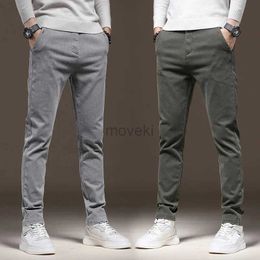 Men's Pants Autumn New Mens Cotton Stretch Casual Pants Classic Slim Straight Fashion Korean Elastic Waist Cargo Trousers Black Gray Green d240425