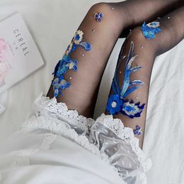 Sexy Socks Sexy Women Lady Opaque Pantyhose Silk Stockings Thin Party Dress Embroidery Flowers Style Bluelover Pattern Tights Transparent