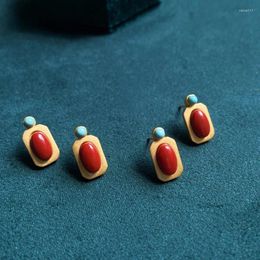 Stud Earrings Southern Red Tourmaline Inlaid Turquoise For Women Simple Ear Studs Fashion Ancient Gold Craft Ethnic Style Jewellery