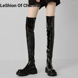 Boots LeShion Of Chanmeb Women Genuine Leather Block Heel Zipper Stretch Over-the-Knee Goth Faux Suede Platform Lady Shoes