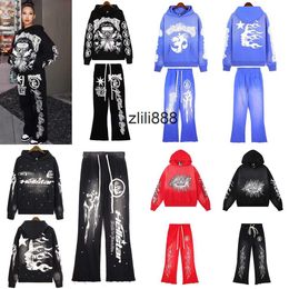 Spring And Autumn Hellstar Sports Suit Designer Hoodie Long Sleeve Pants Pullover Street Hip Hop Retro Alphabet Print High Street Personalised Hell star Hoodie Grey