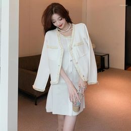 Work Dresses Elegant Women 2 Pieces Set White Cardigan And Knitted Tank Dress Formal Office Lady Party Suit 2024 Autumn Winter Spring