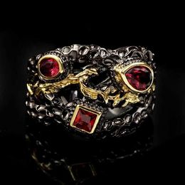 Band Rings Retro Fashion Two-color Electroplating Red Zircon Ring Creative Geometric Black Gold 925 Silver Jewellery H240425