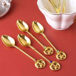 Coffee Scoops Carved Metal Gold Vintage Fruit Tableware Snacks Coffeeware Spoons Fork Kitchen Tool Teaspoon Cutlery Set