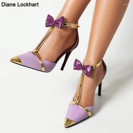 Dress Shoes Design Luxury Glod Purple Stilettos Pointed Toe T-strap High Heels Women Sandals Summer Party Prom Pumps 2024