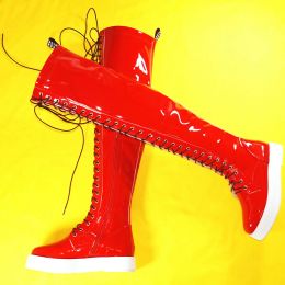 Boots Thigh High Platform Pumps Shoes Women Lace Up Patent Leather Over The Knee Boots Female Round Toe Fashion Sneakers Casual Shoes
