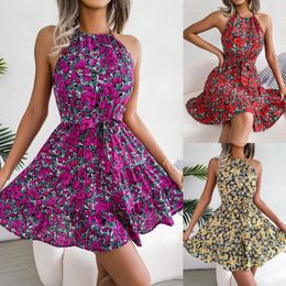 Spring And Summer Casual Lace Up Ruffled Large Swing Floral Dress Womens Clothing 926