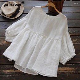 Women's Blouses 2024 Summer Women Fashion Ruffled Simple Casual Cotton Vintage Solid Loose Shirts Female Kawaii O Neck Short Sleeve Tops