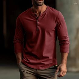 Men's T Shirts Leisure Solid Color Cotton T-shirts Men Casual Buttoned O Neck Long Sleeve Pullover Tops For Mens Clothing Vintage Slim Fit