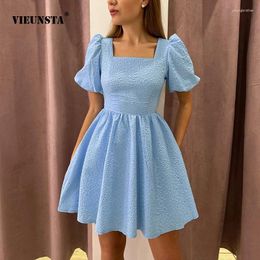 Party Dresses Vestido 2024 Summer Fashion Evening Dress Elegant Women's Square Neck Casual Solid Bubble Sleeve Temperament Jacquard