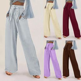 Women's Pants Women Cotton Linen Straight High Waist Drawstring Solid Long Trousers Summer Flowy Bandage Wide Leg Pantalones