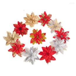 Decorative Flowers 5/10pcs14cm Glitter Artificial Christmas Xmas Tree Ornaments Merry Decorations