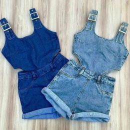 One-Pieces FOCUSNORM 04Y Summer Casual Kids Girls Denim Jumpsuits Shorts 2 Colors Sleeveless Solid Hollow Out Playsuits