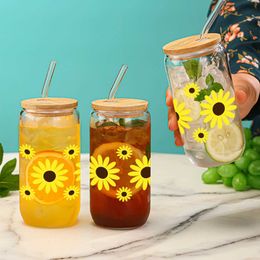 Tumblers 1 Piece 16oz Sunflower Size Flower Pattern With Bamboo Cover Glass Straw Ice Cream Drink Bottle Suitable For Summer H240425