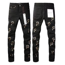 Purple High street jeans men's fashion brand new black wash watermark flower elastic slim feet casual fashion straight pants