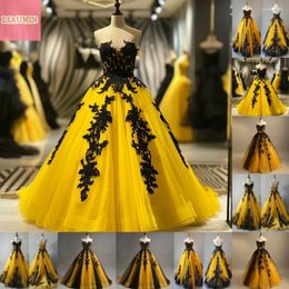 Party Dresses Yellow And Black Lace Applique Strapless Ball Gown Floor Length Evening Formal Occasion Prom Dress Custom Size W11-11