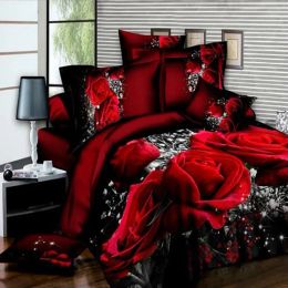 Pillow 4 PCS 3D Big Red Rose Floral Bedding Sets Wedding Duvet Cover Sheet Pillow Cases Bed Set Dropshipping