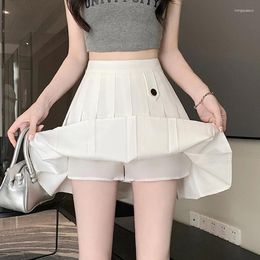 Skirts Fashion Elastic High Waist Women Pleated A Line Korean Student Mini Skirt Button Summer White Ladies Dance